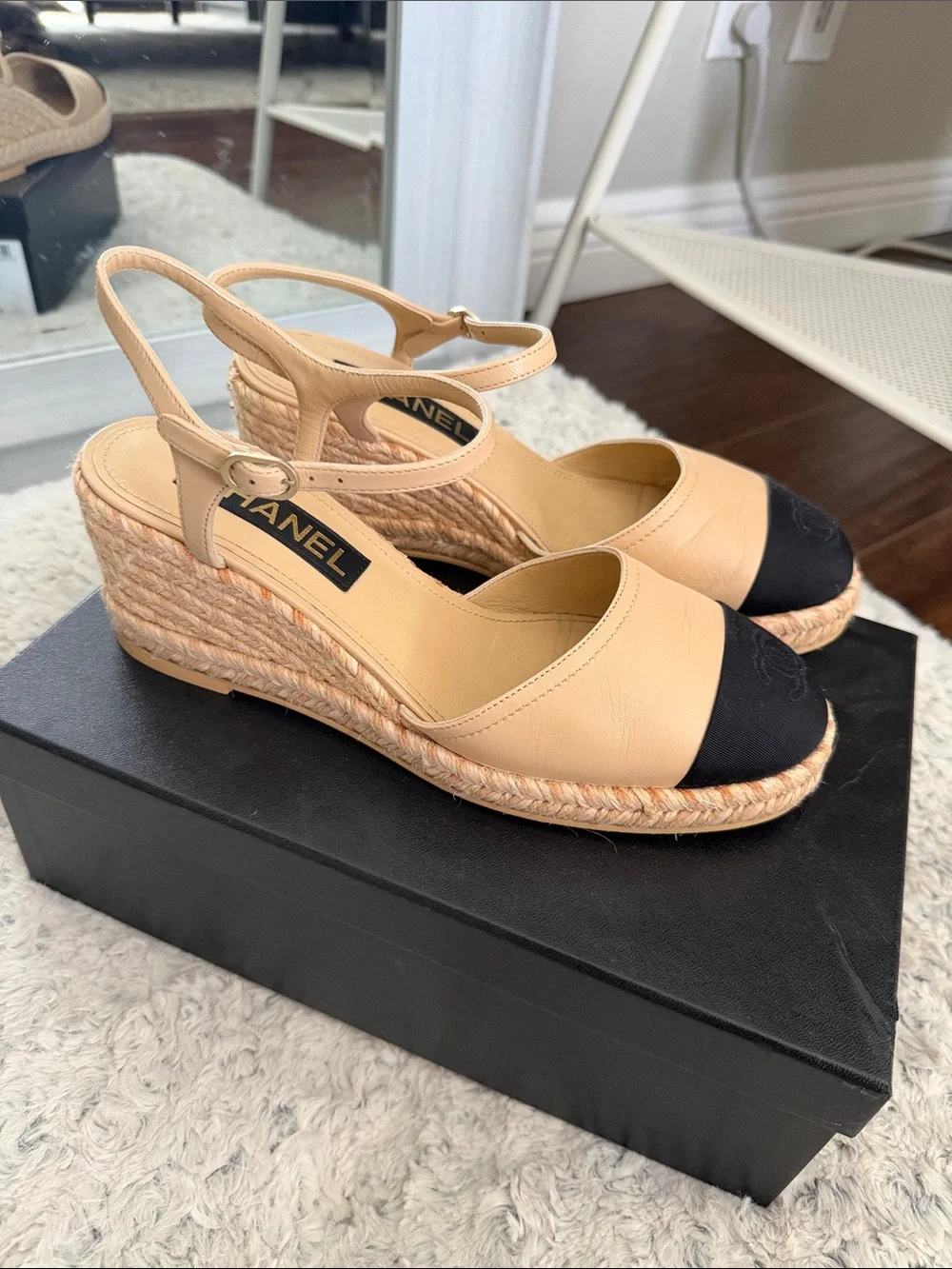 CHANEL Espadrilles Sandals Black Beige Wedge CC Captoe